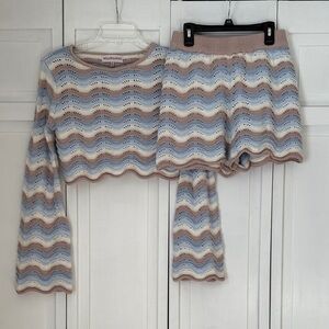 Knit Wave Pattern Cropped Sweater and Short Set Blue, Cream, Tan